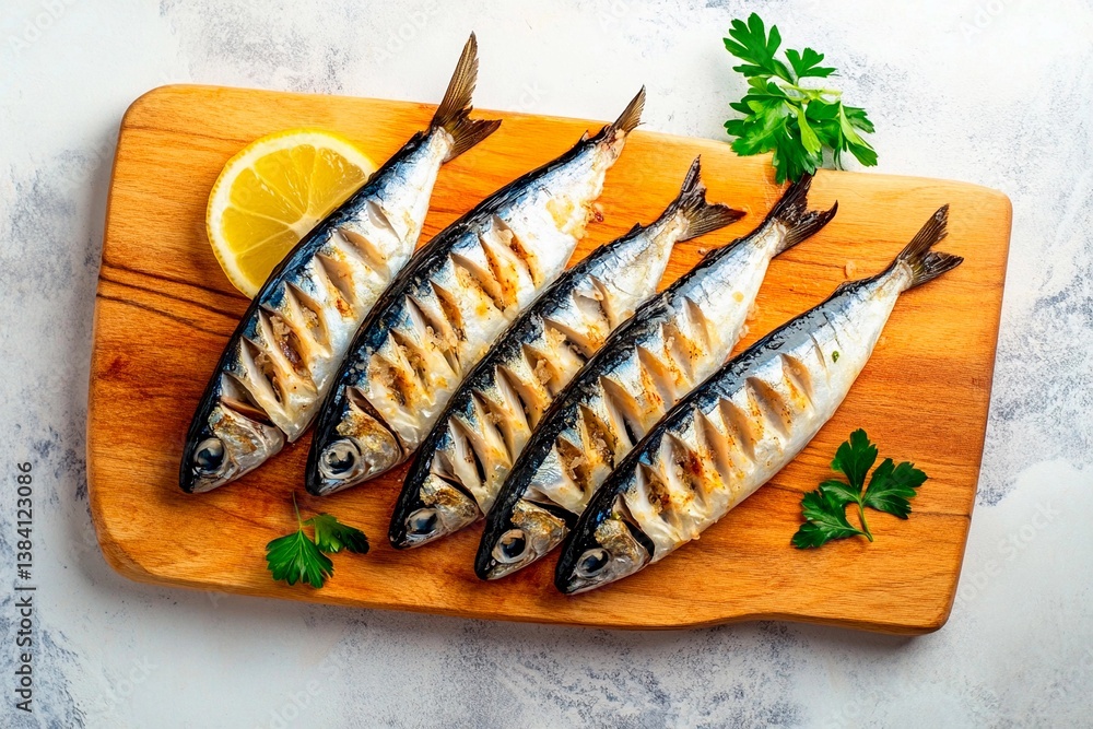 Grilled sardines are arranged neatly on a wooden cutting board, accompanied by a slice of lemon and fresh parsley. The kitchen atmosphere is warm and inviting, enhancing the meal's freshness Grilled sardines are arranged neatly on a wooden cutting board, accompanied by a slice of lemon and fresh parsley. The kitchen atmosphere is warm and inviting, enhancing the meal's freshness