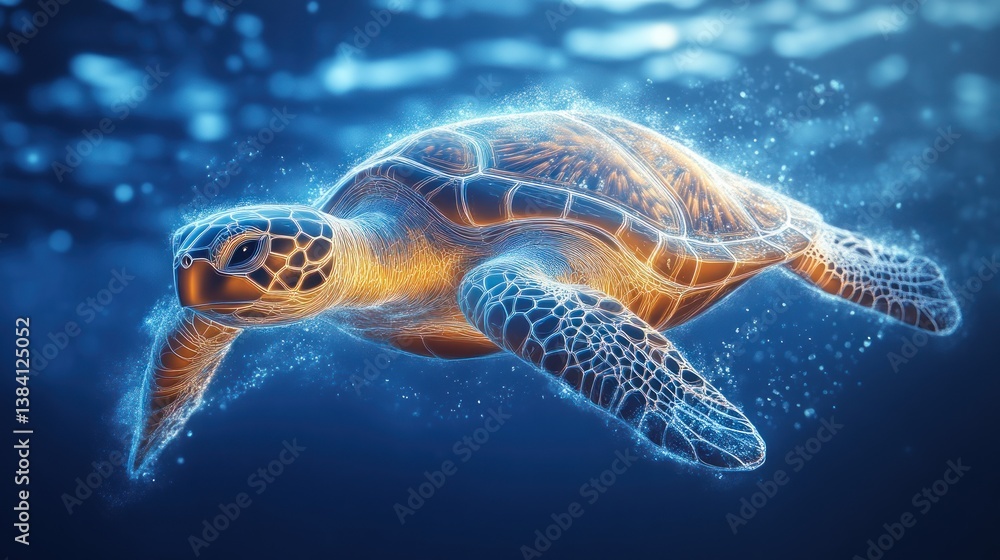 Fototapeta premium Glowing Sea Turtle in Underwater Serenity A Mesmerizing Digital Illustration of Marine Life