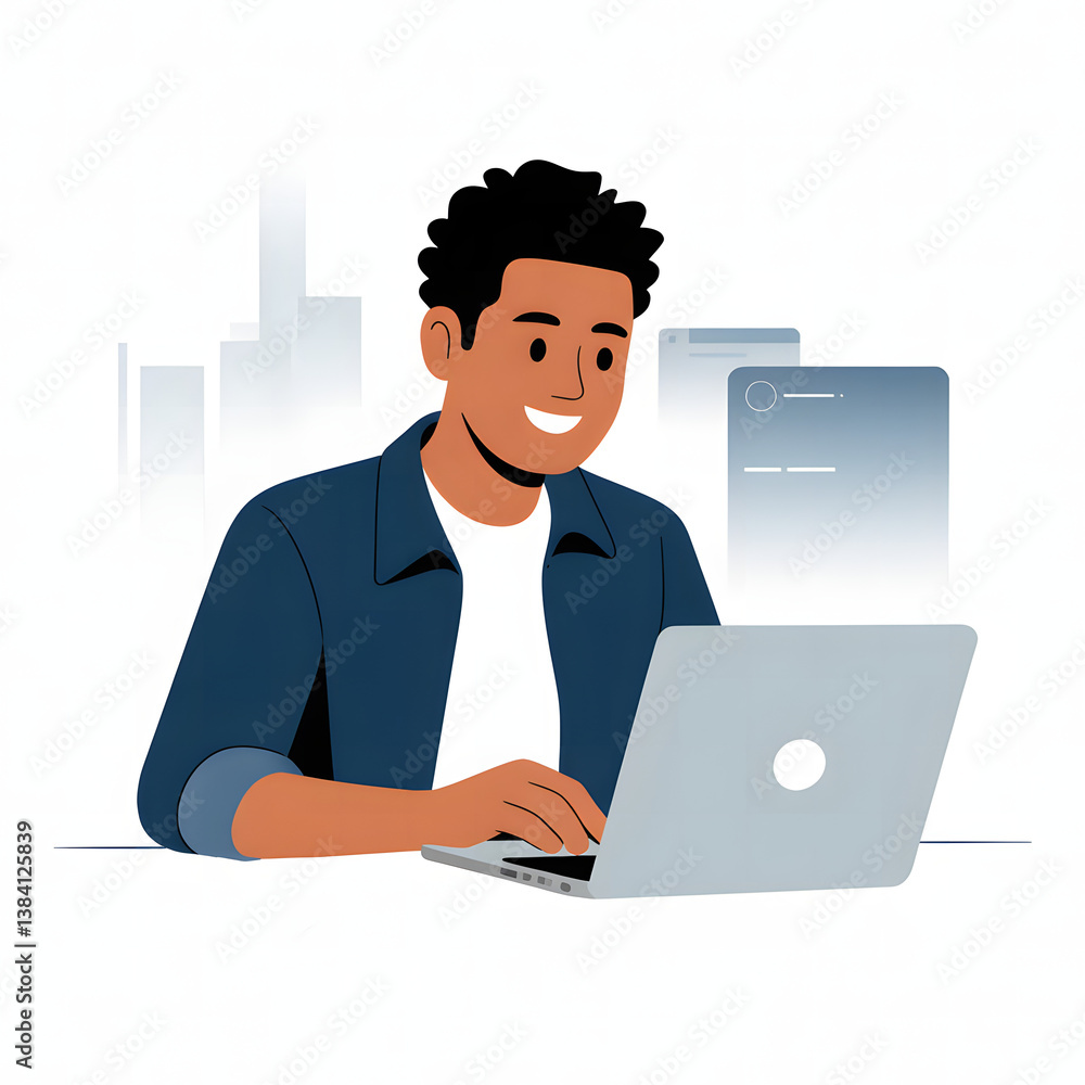 Corporate memphis illustration off a happy person installing illegal software. Few colours, white background. Simple, professional illustration Corporate memphis illustration off a happy person installing illegal software. Few colours, white background. Simple, professional illustration