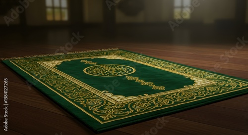 Green prayer rug with mosque interior.