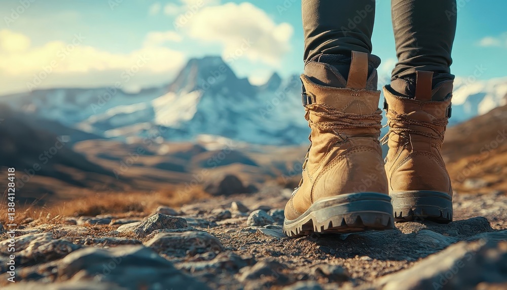 A closeup of hiking boots on a rocky trail with a mountain range in the distance, Hiking Adventure, Active and rugged A closeup of hiking boots on a rocky trail with a mountain range in the distance, Hiking Adventure, Active and rugged
