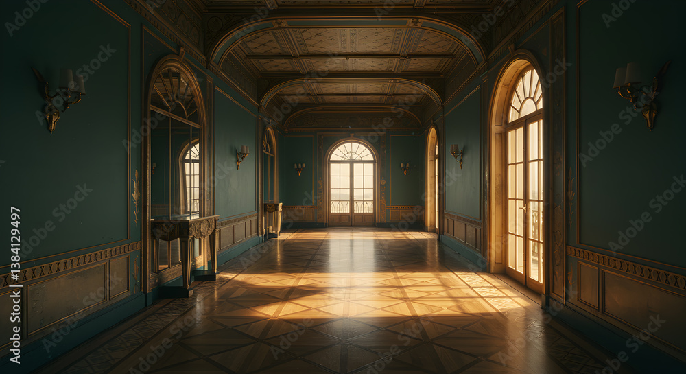 Fototapeta premium Elegant Art Deco Hallway With Gold Trim And Geometric Parquet Flooring