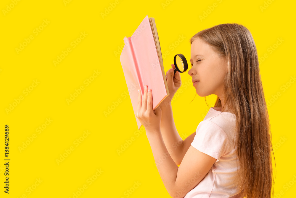 Little girl with magnifier and book on yellow background