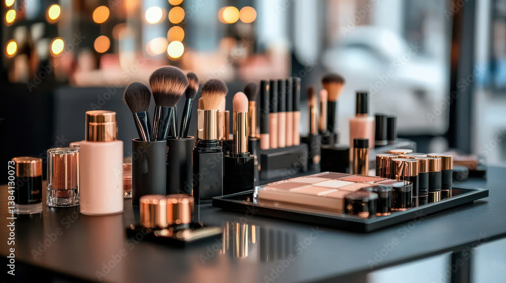Professional makeup brushes and cosmetics on dressing table Professional makeup brushes and cosmetics on dressing table