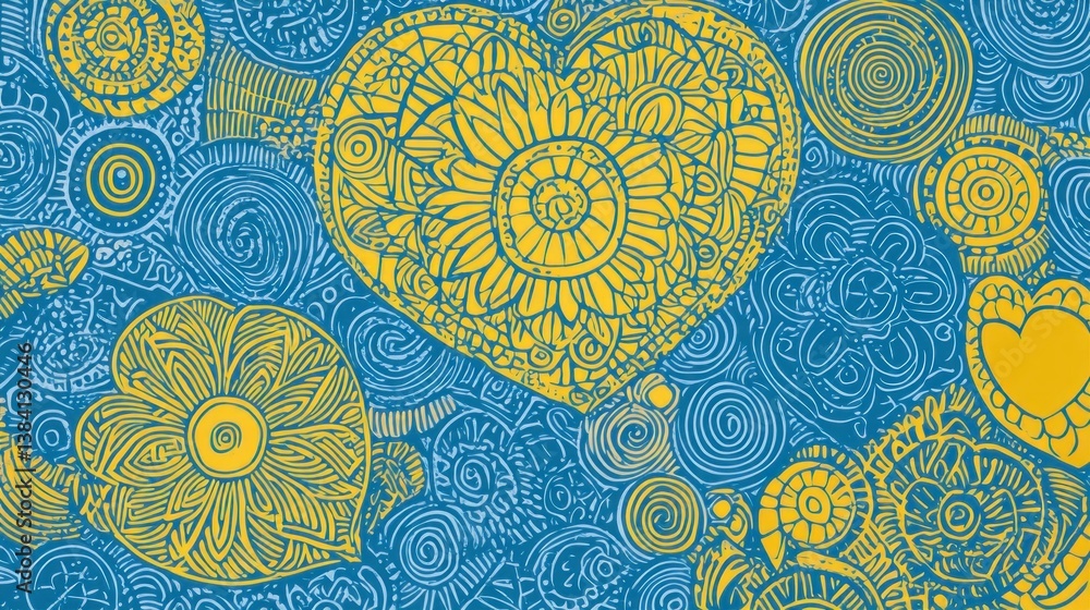 Detailed abstract pattern with hearts and floral designs in blue and gold Detailed abstract pattern with hearts and floral designs in blue and gold