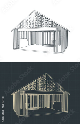 Timber frame house under construction blueprints illustrations