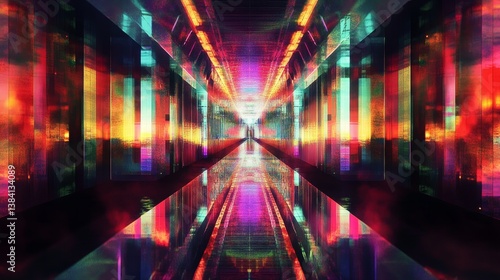 Abstract colorful geometric pattern with symmetrical perspective and vibrant light effects.