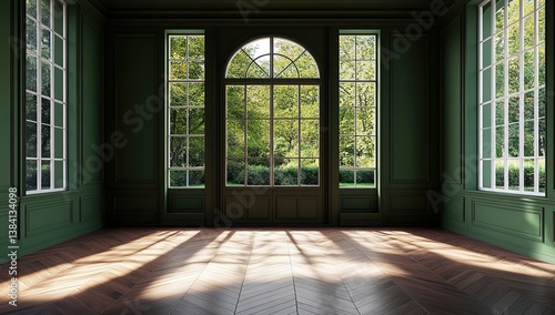 Sunlit Green Room with Panoramic Windows and Wooden Panels