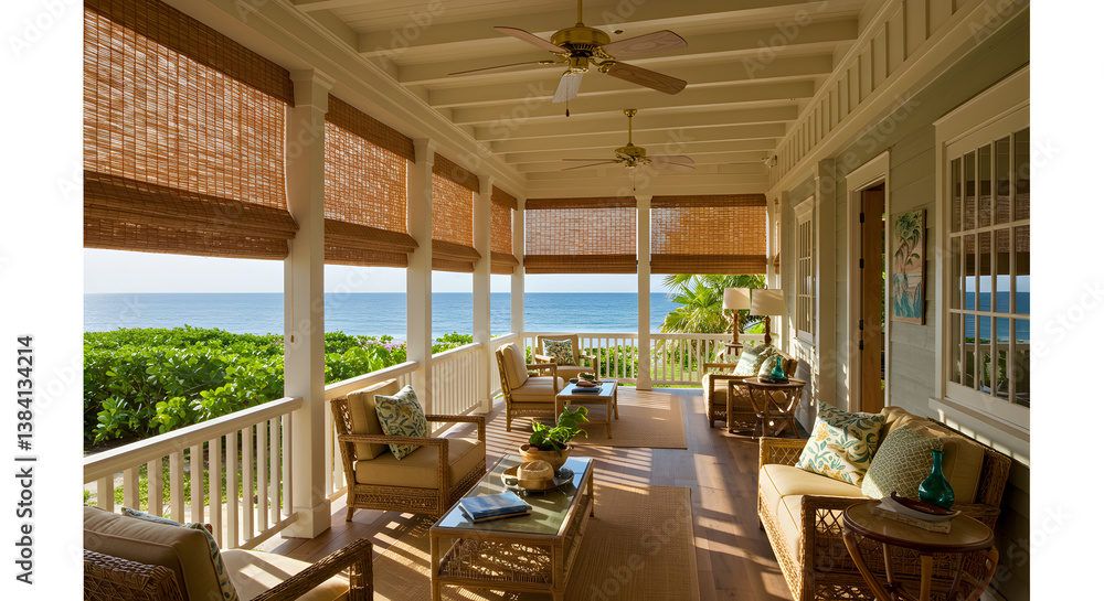 Fototapeta premium Beach House Breezeway with Ceiling Fans and Bamboo Shades Interior Design