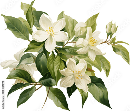 White jasmine flowers cluster with green leaves botanical watercolor illustration isolated for wedding invitation design