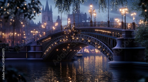 Bridge over water with lights and building in background at night.