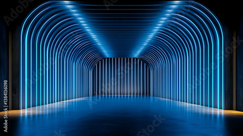 Glowing Blue Lights In Dark Tunnel