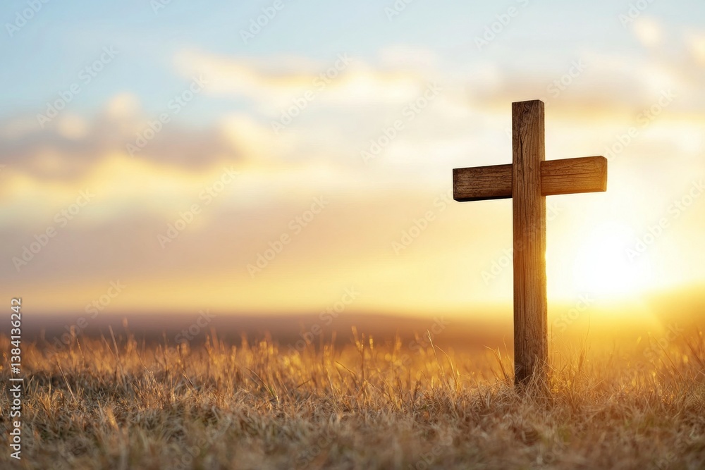 Wooden cross is standing in a field of tall grass Wooden cross is standing in a field of tall grass