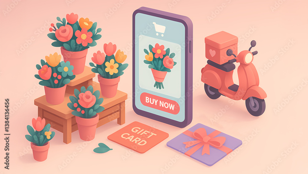 Fototapeta premium 3D Isometric Flower Delivery Scene with Bouquets, Delivery Bike, Order Screen, and Gift Cards in Soft Gradient Style
