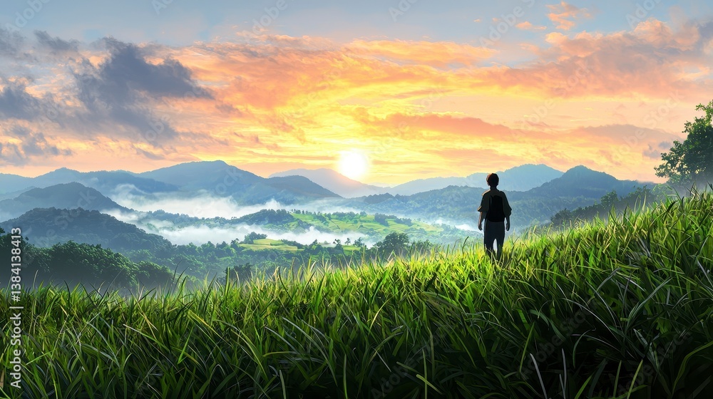 Fototapeta premium Pixelated Man with Backpack Enjoys Sunset View Over Green Rolling Hills in Vast Landscape