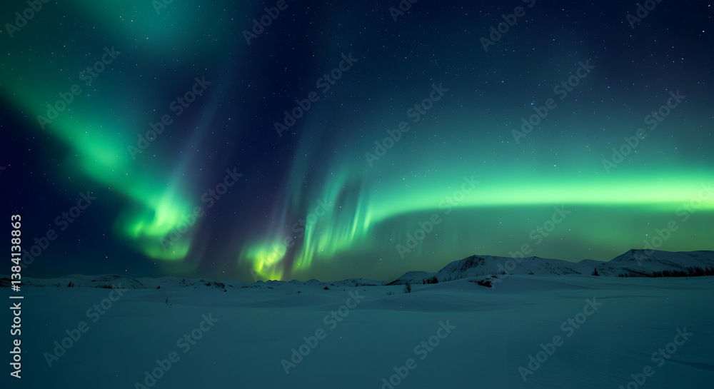 Vibrant green aurora borealis dances over a snowy arctic landscape at night. Vibrant green aurora borealis dances over a snowy arctic landscape at night.