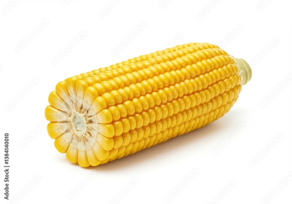 A close up shot of a single ear of corn with yellow kernels isolated on a plain white background surface A close up shot of a single ear of corn with yellow kernels isolated on a plain white background surface