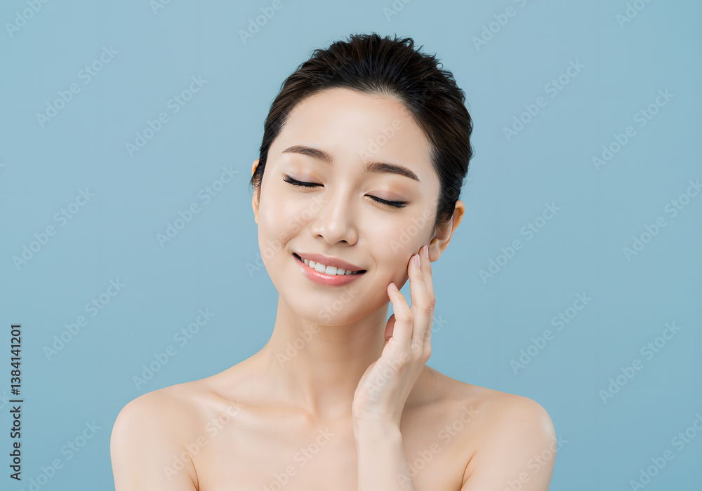 Japanese woman with hand on cheek and satisfied smile, AI generated