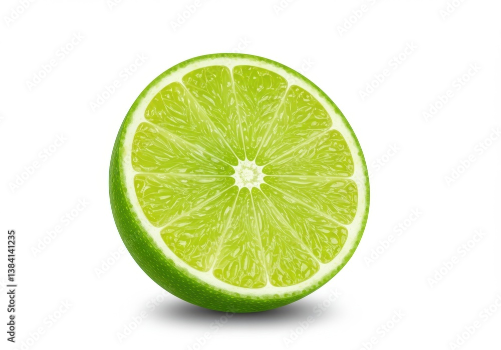A single half of a lime with a vibrant green color and a white background in a close up shot view A single half of a lime with a vibrant green color and a white background in a close up shot view