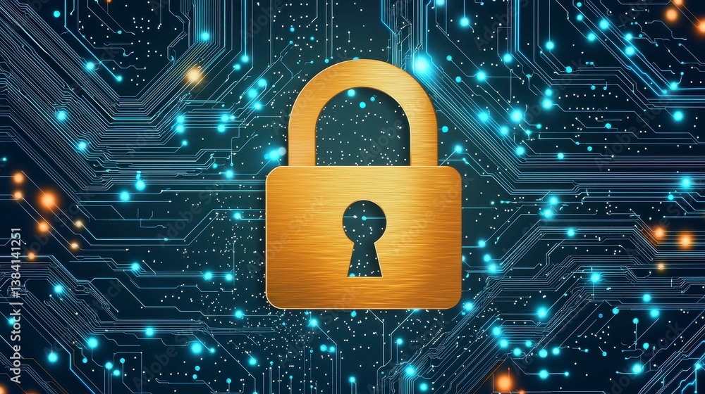 Gold Padlock on Glowing Blue Circuit Board Cybersecurity Concept Gold Padlock on Glowing Blue Circuit Board Cybersecurity Concept