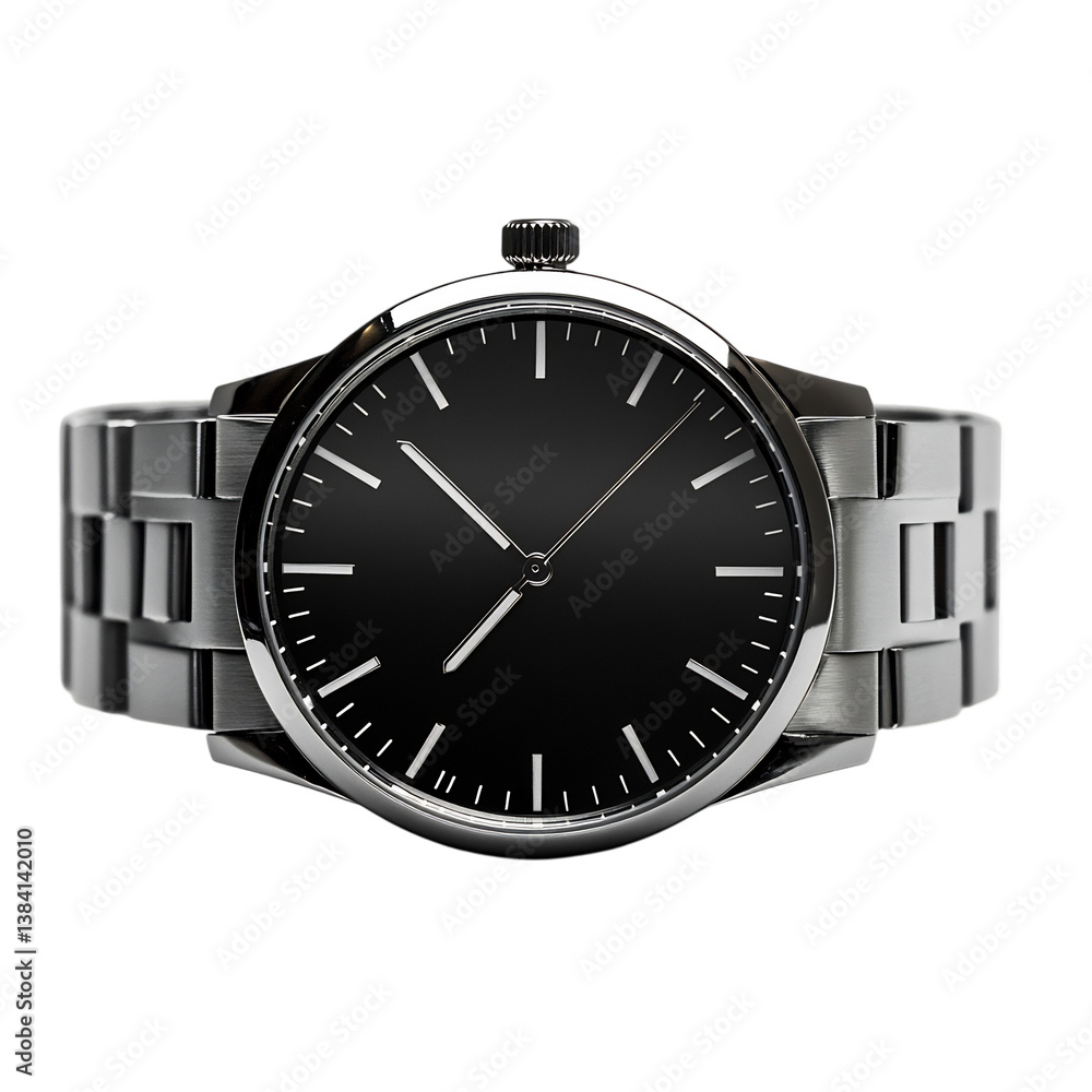 Clean Stainless Steel Minimalist Watch with Black Dial Isolated on Transparent Background Clean Stainless Steel Minimalist Watch with Black Dial Isolated on Transparent Background