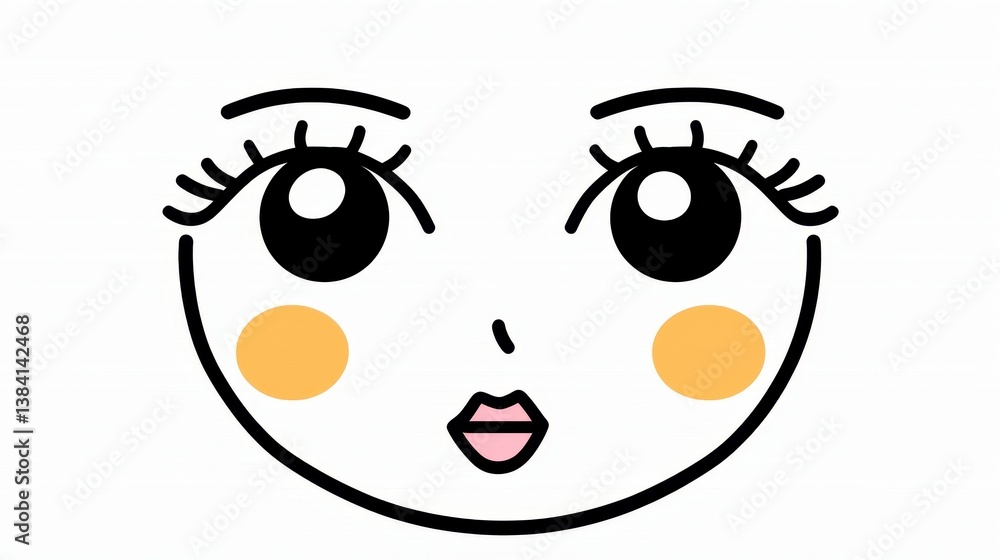 Fototapeta premium Simple Stylized Illustration of a Female Face with Large Eyes and Peach Cheeks