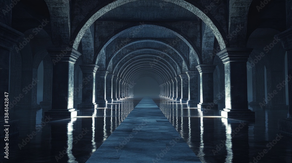 Obraz premium Arched corridor with repeating arches receding into the distance dark blue tones.