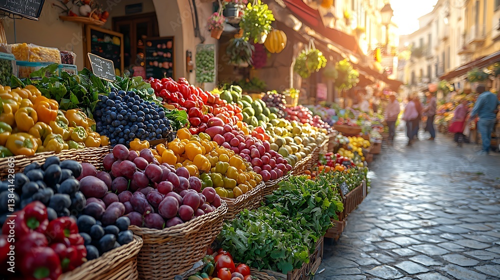 Obraz premium Vibrant Market Display: A sun-drenched street market bursting with colorful fruits and vegetables. Baskets overflow with fresh produce, creating a feast for the eyes. People stroll in the background.