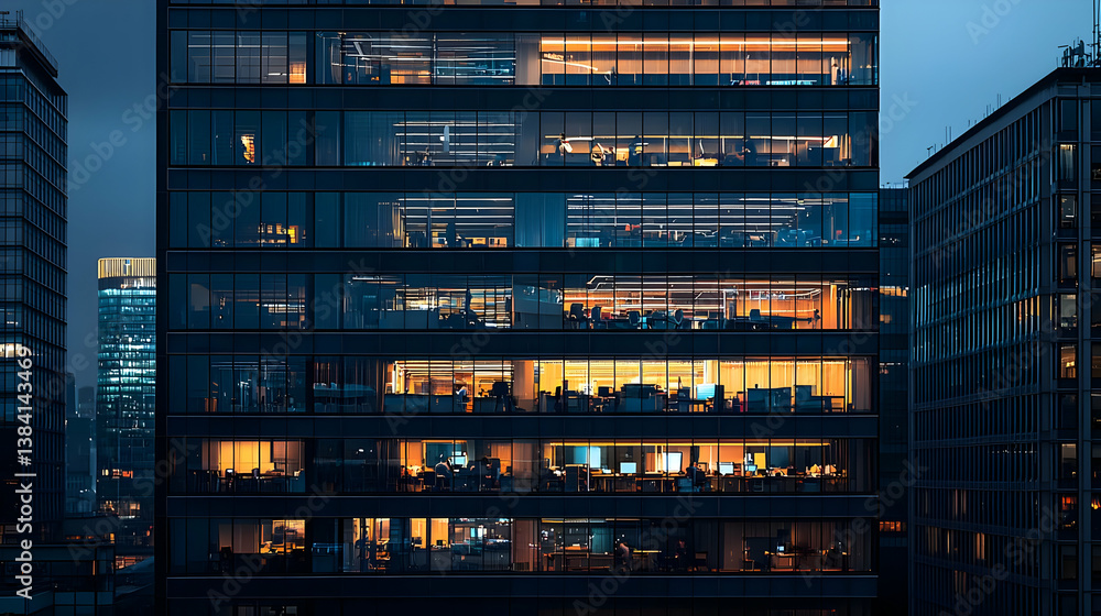 Modern Office Buildings Illuminated At Night In Cityscape Modern Office Buildings Illuminated At Night In Cityscape