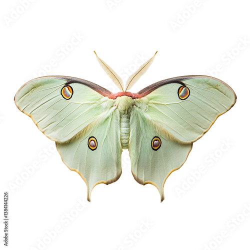 A Glowing Luna Moth Resting with Wings Spread Isolated on Transparent Background