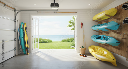 Coastal Home Garage with Kayaks Paddleboards and Ocean View