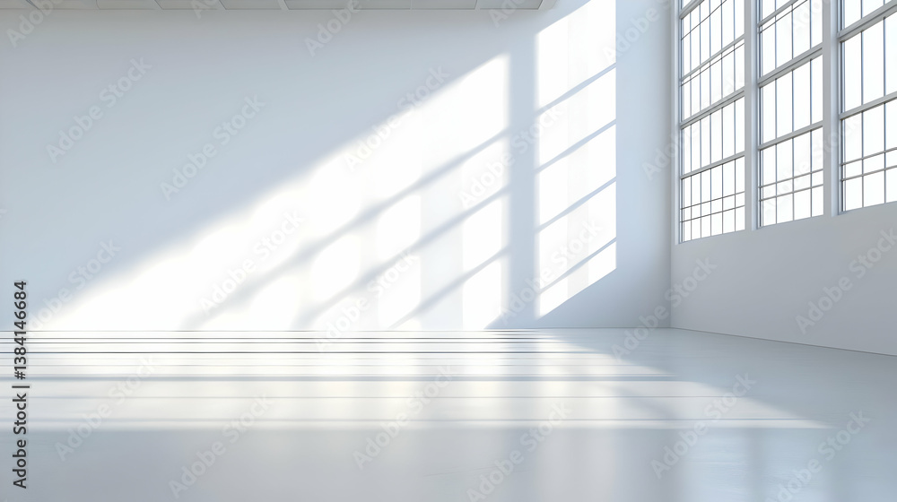 Fototapeta premium Bright Empty White Industrial Room With Sunlight