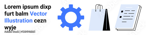 Blue gear, shopping bag, and documents representing e-commerce setup, business processes, and strategy development. Ideal for marketing, workflow, e-commerce, retail strategy documentation online