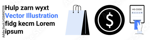 Shopping bag, dollar symbol in black circle, and barcode scanner on smartphone. Ideal for retail, e-commerce, payment, online shopping, technology, marketing simple landing page