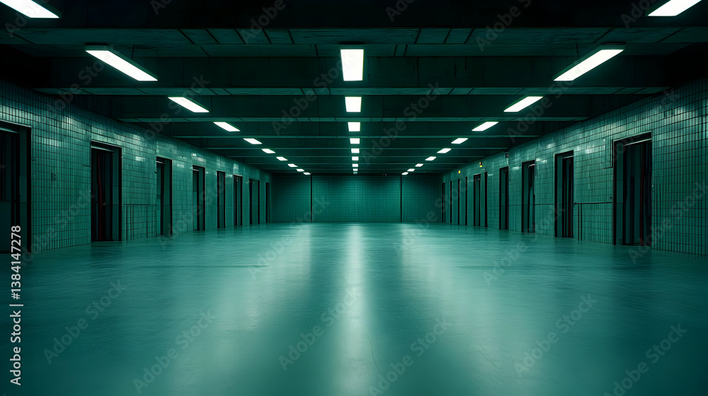 Fototapeta premium Long Underground Corridor With Metal Doors And Blue-Green Lighting