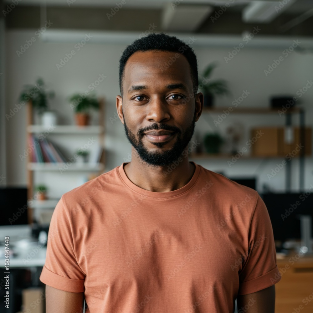 A confident and decisive headshot of a 30-year-old male senior designer with short dark hair and a neatly trimmed beard, wearing a minimalist light terracotta or muted teal crew neck t-shirt A confident and decisive headshot of a 30-year-old male senior designer with short dark hair and a neatly trimmed beard, wearing a minimalist light terracotta or muted teal crew neck t-shirt