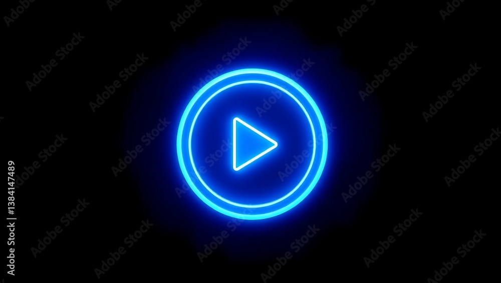A luminous blue neon play button glows brightly against a stark black background in a digital illustration A luminous blue neon play button glows brightly against a stark black background in a digital illustration