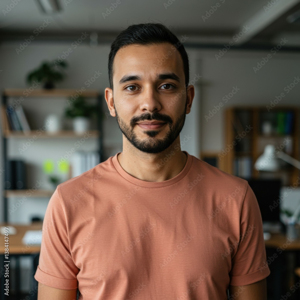Obraz premium A confident and decisive headshot of a 30-year-old male senior designer with short dark hair and a neatly trimmed beard, wearing a minimalist light terracotta or muted teal crew neck t-shirt