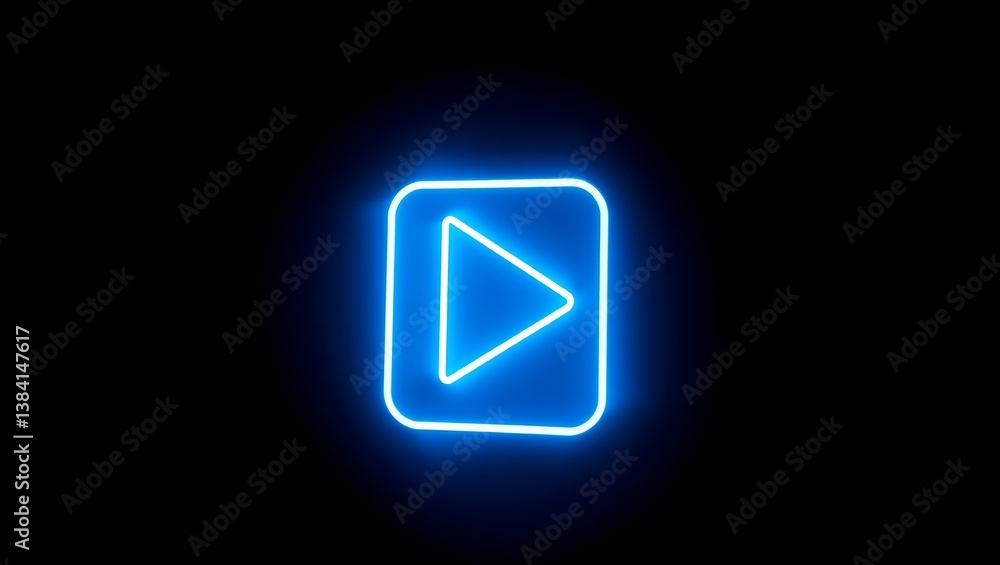 A glowing blue play button icon illuminated against a stark black background in a digital display A glowing blue play button icon illuminated against a stark black background in a digital display