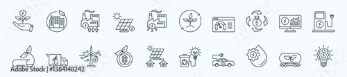 Eco green energy thin icon set containing Energy Harvesting,Green City,Geothermal,Solar Power,Industries Electricity
