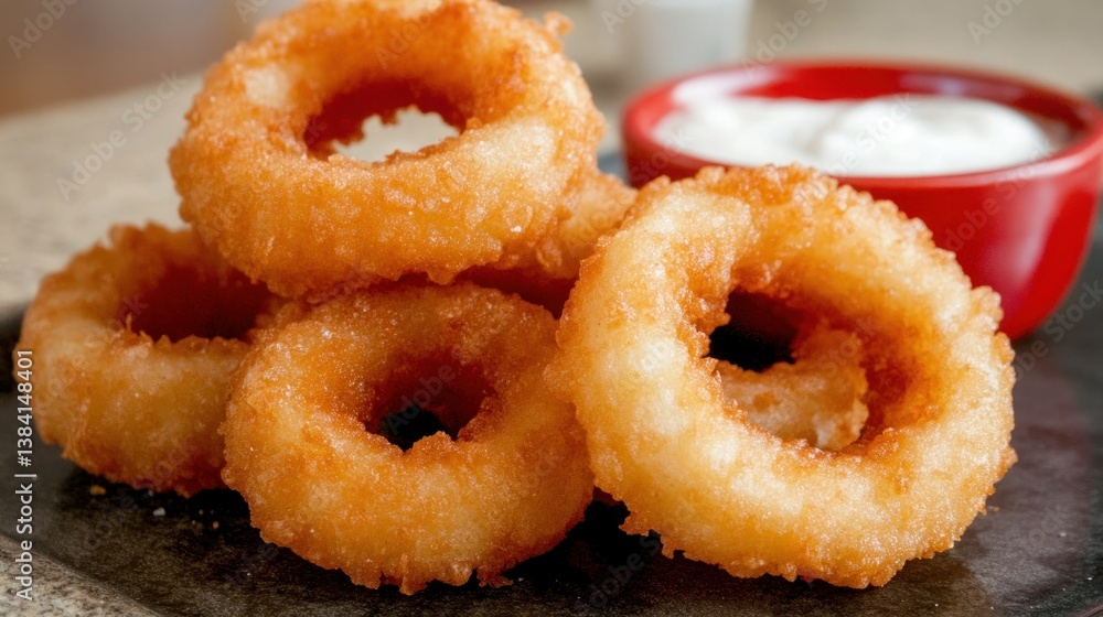 Crispy fried onion rings piled high Crispy fried onion rings piled high