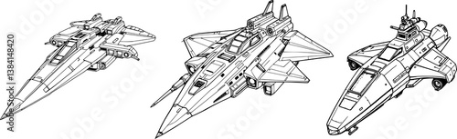 Futuristic Sci-Fi Spaceship Coloring Pages - Detailed Black and White Line Art of Space Warships, Starfighters, and Intergalactic Vehicles for Coloring Book and Concept Art