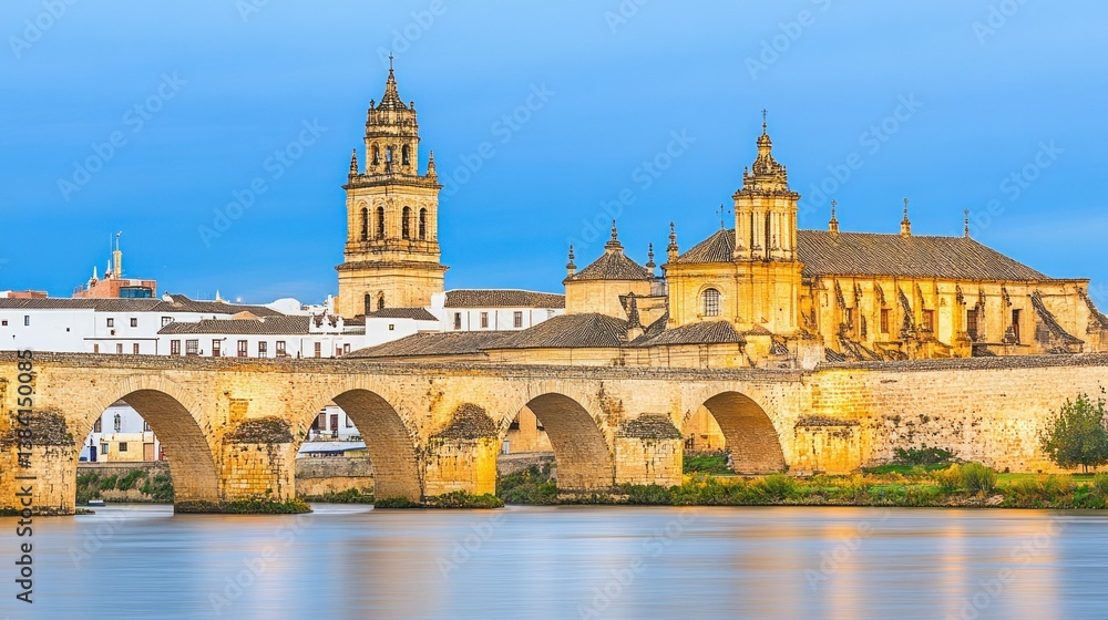 Ancient Spanish architecture, tranquil river, arched bridge, historical buildings Ancient Spanish architecture, tranquil river, arched bridge, historical buildings