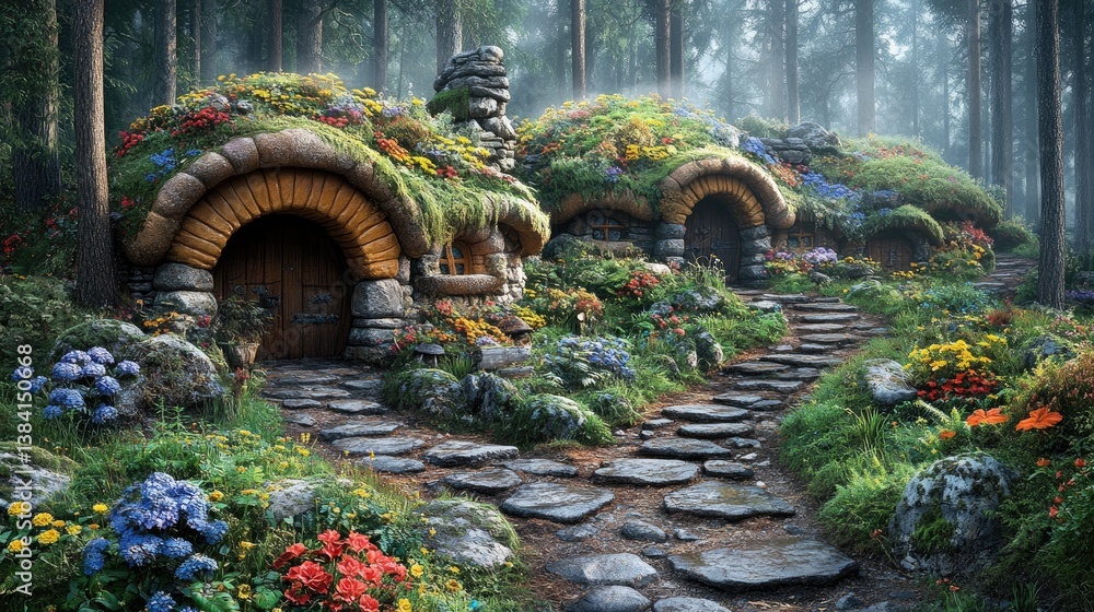 Obraz premium Enchanted woodland homes nestled among vibrant flowers and moss-covered paths