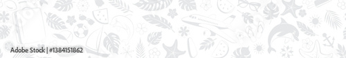 Horizontal seamless banner with a variety of elements such as palm leaves, flowers, a flying airplane, cheerful dolphin, bright sun, and other tropical symbols, in shades of gray.