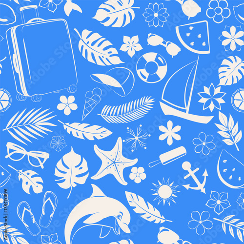 Seamless pattern with tropical elements such as palm leaves, flowers, flying airplane, playful dolphin, bright sun, and other oceanic symbols, in light blue tones.