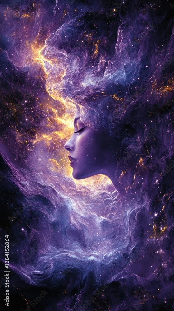 Cosmic female profile, serene, nebula backdrop, digital art Cosmic female profile, serene, nebula backdrop, digital art