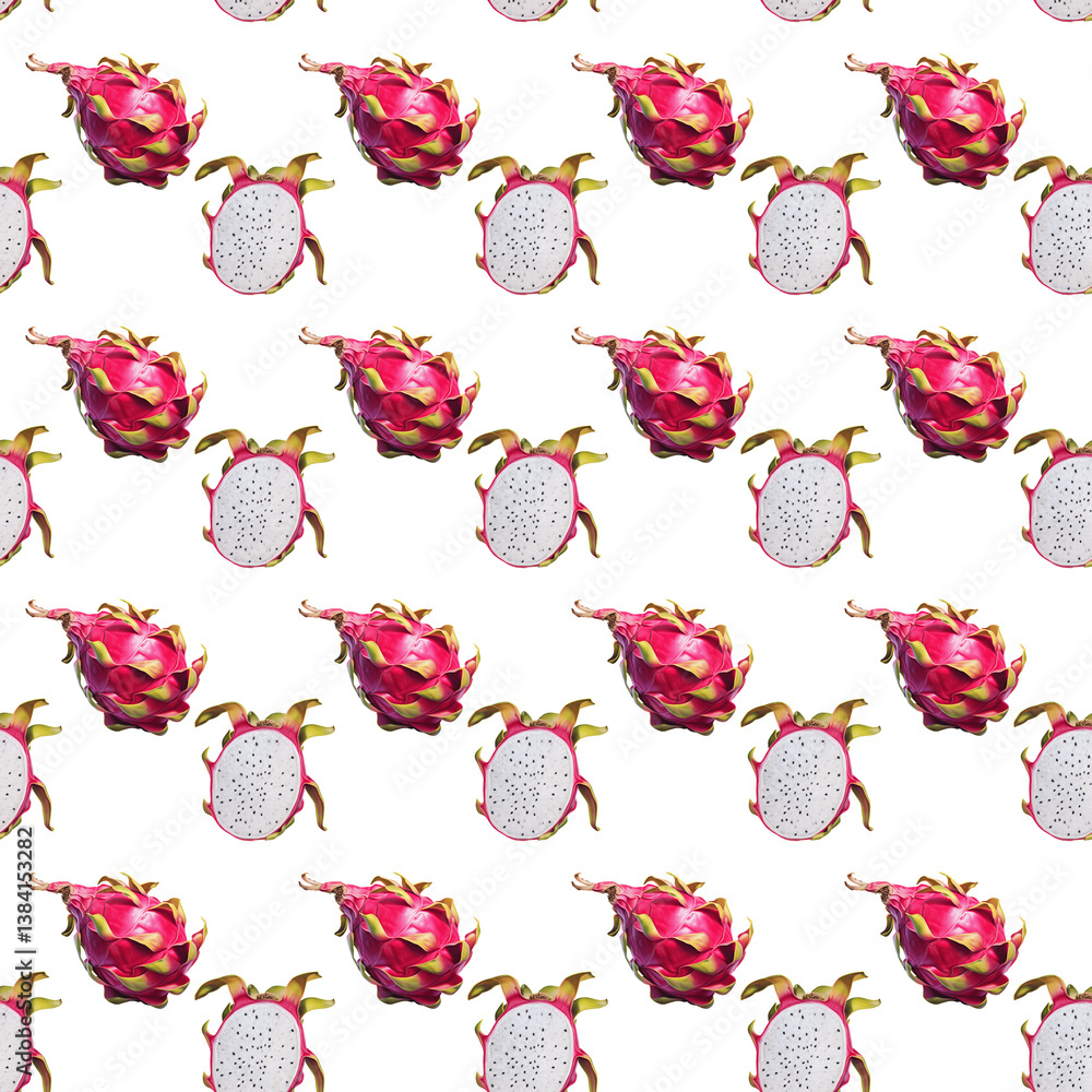 Seamless pattern with pink dragon fruit pitaya on white background, exotic tropical design for modern packaging and contemporary decor Seamless pattern with pink dragon fruit pitaya on white background, exotic tropical design for modern packaging and contemporary decor