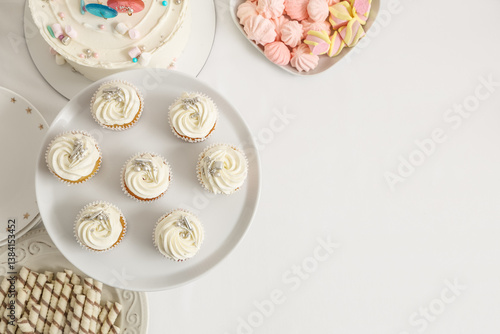 Dessert stand with tasty cu...