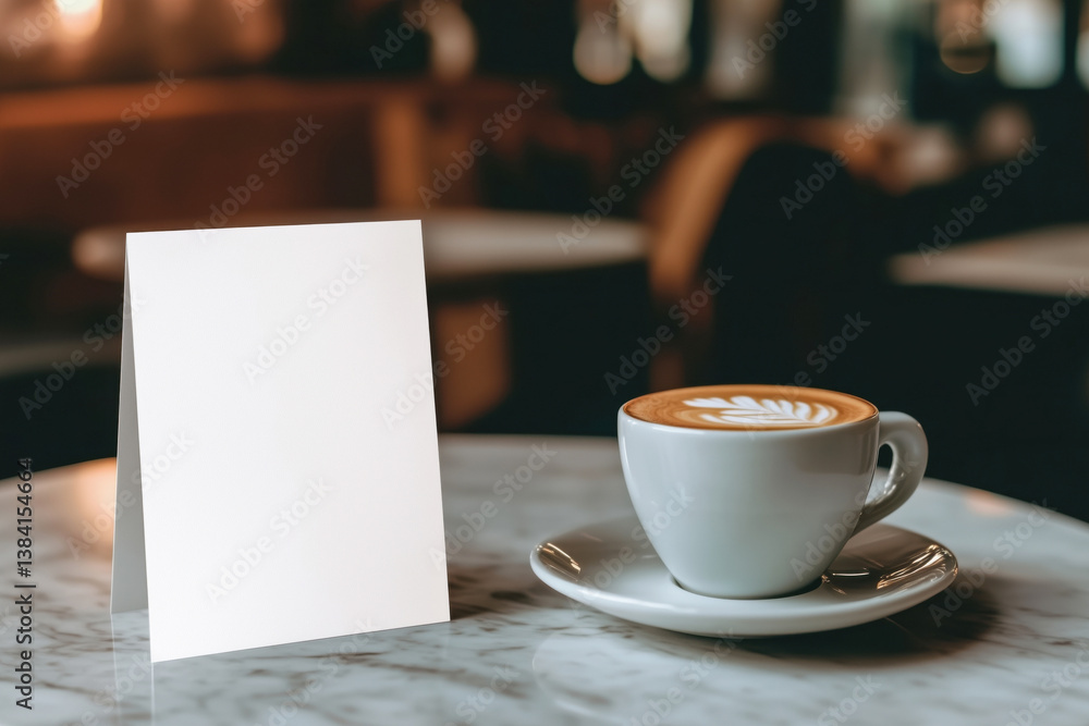 Fototapeta premium Blank folded card mockup on the table with cup of coffee